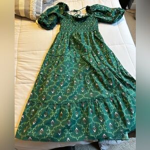 Hill House Green Floral Puff-Sleeve Midi Dress